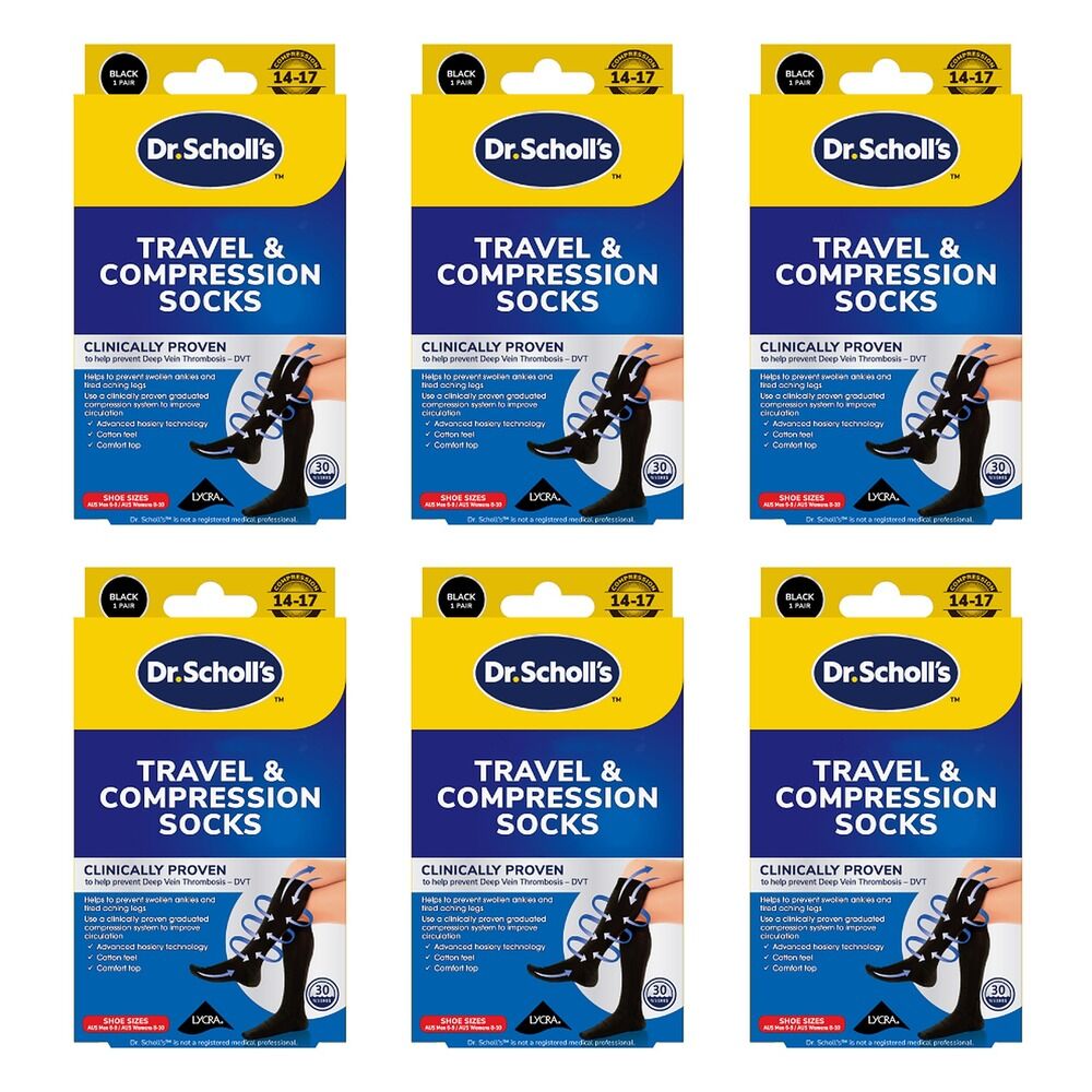 Scholl Flight Compression Socks Black W8-11 M6-9 Pack of 6