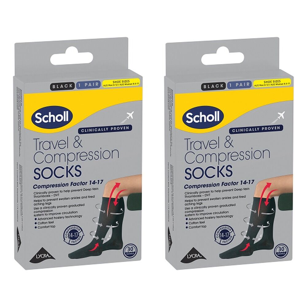 Scholl Travel & Compression Socks Black M9-12 W9.5-11 Pack of 2