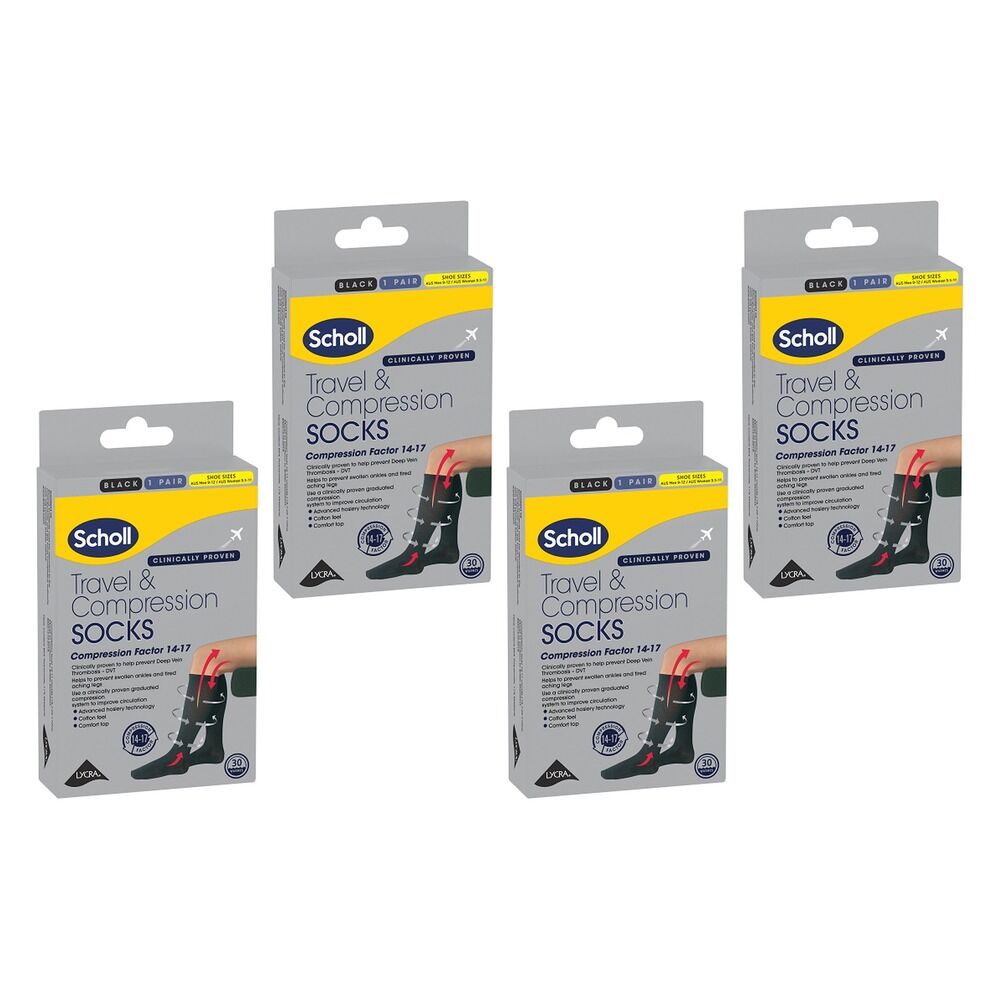 Scholl Travel & Compression Socks Black M9-12 W9.5-11 Pack of 4