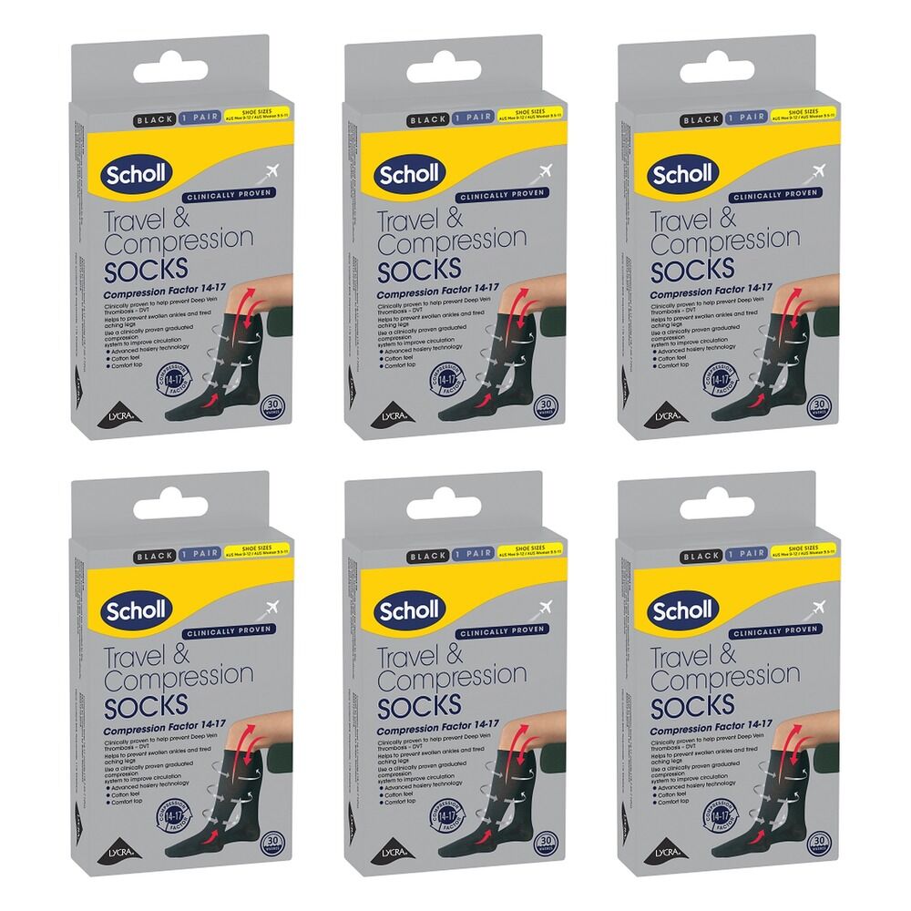 Scholl Travel & Compression Socks Black M9-12 W9.5-11 Pack of 6