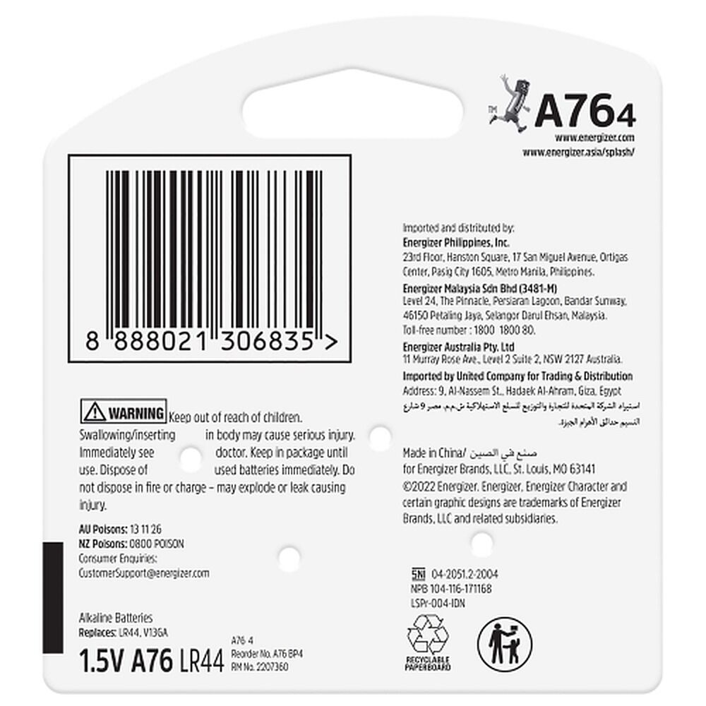 Energizer A76 Silver Oxide Button Battery 4 Pack