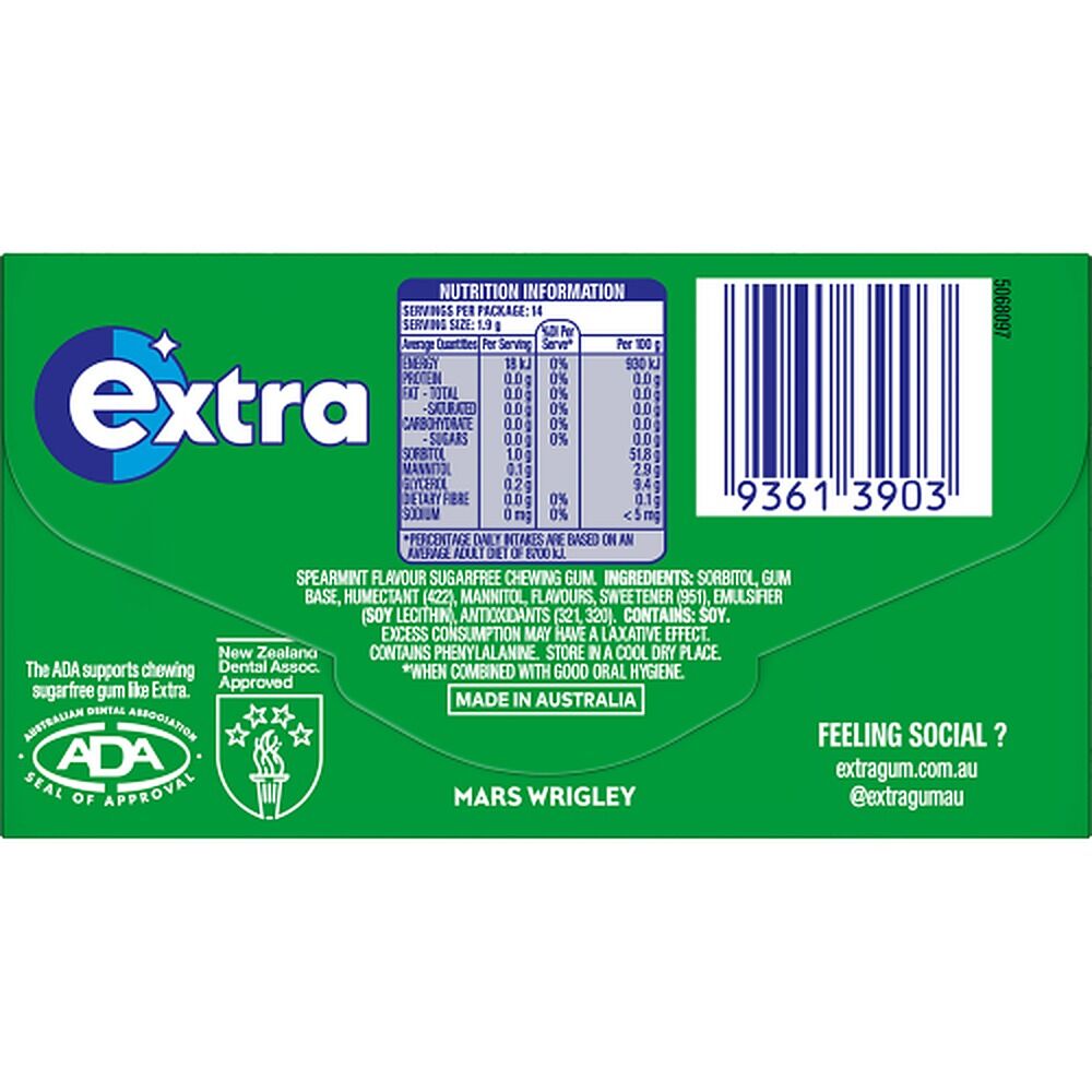 Extra Spearmint Sugar Free Chewing Gum 14 Pack x 24