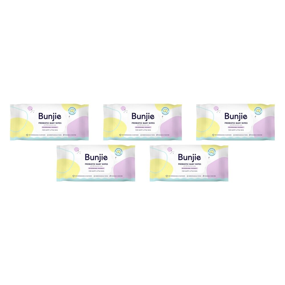 Bunjie Probiotic Baby Wipes, Microbiome Friendly, 80 Wipes Pack of 5
