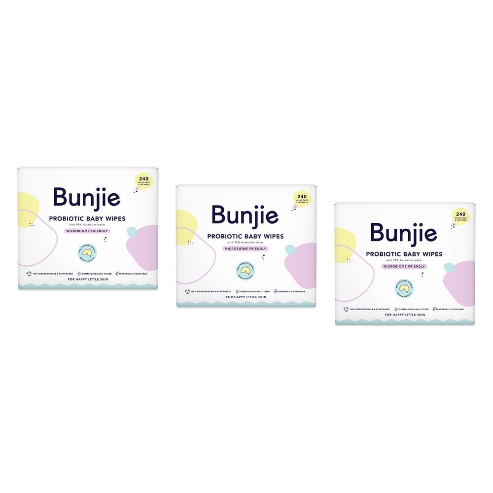 Bunjie Probiotic Baby Wipes, Microbiome Friendly, 240 Wipes Pack of 3