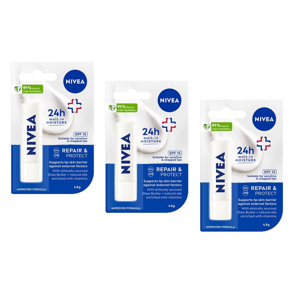 NIVEA 24H Melt-In Moisture Repair & Protect SPF15 Lip Balm 4.8g Pack of 3