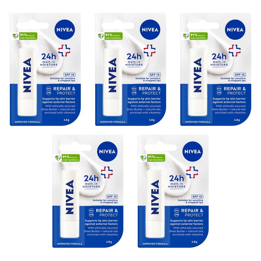 NIVEA 24H Melt-In Moisture Repair & Protect SPF15 Lip Balm 4.8g Pack of 5