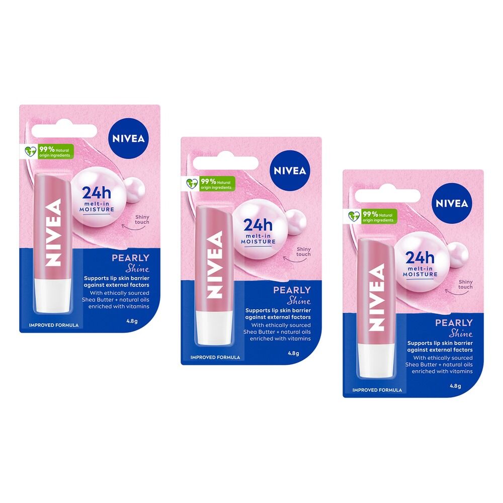 NIVEA 24H Melt-In Lip Care Pearly Shine Lip Balm 4.8g Pack of 3