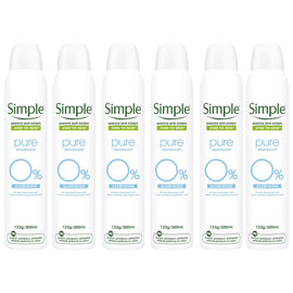 Simple Pure Deodorant Spray Aluminium Free 123g 200ml x 6 Value Pack