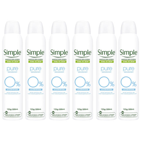 Simple Pure Deodorant Spray Aluminium Free 123g 200ml x 6 Value Pack