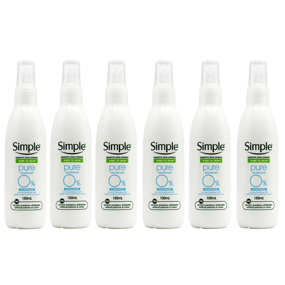 Simple Kind To Skin Pure Deodorant Spray 150ml x 6 Value Pack