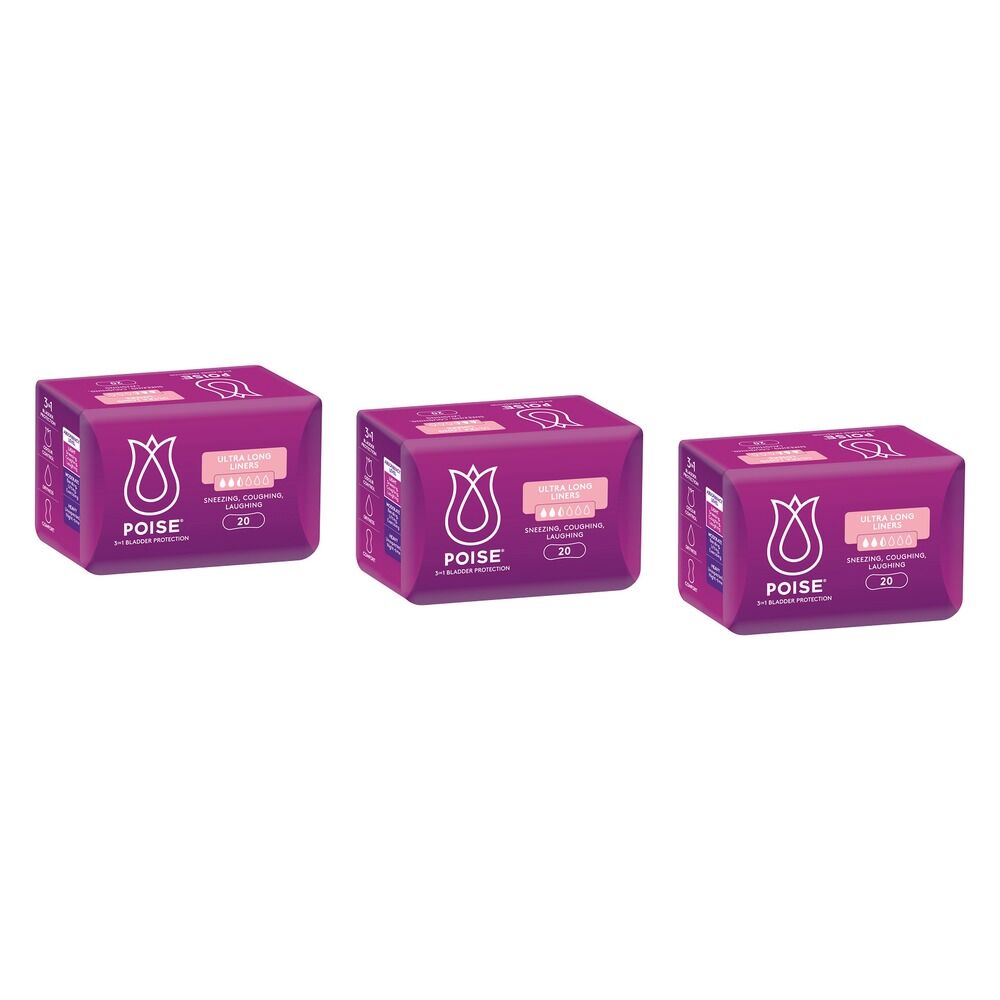 Poise Ultra Long Liners 20 Pack Bundle of 3