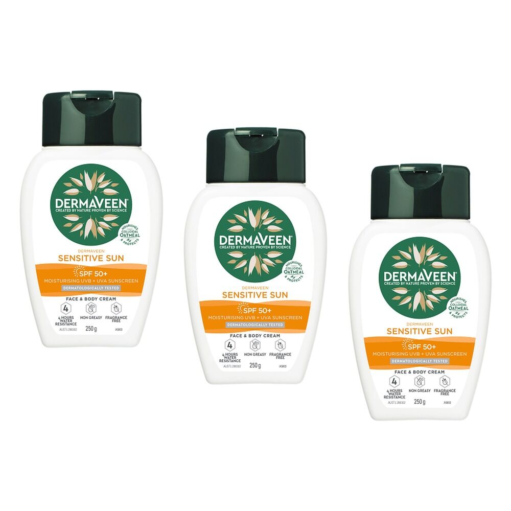 DermaVeen Sensitive Sun SPF 50+ Face & Body Cream, Colloidal Oatmeal, Pack of 3