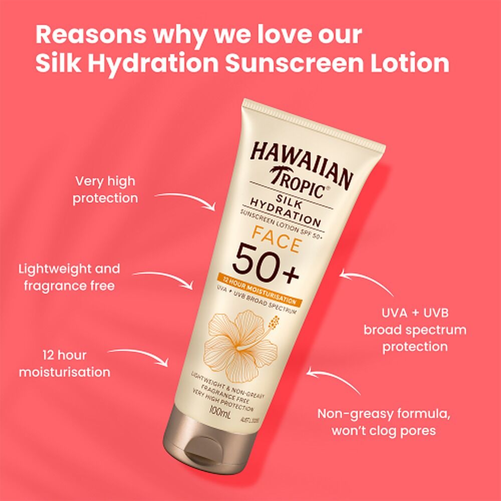 Hawaiian Tropic Silk Hydration Fragrance Free Face Sunscreen SPF50+ 100mL