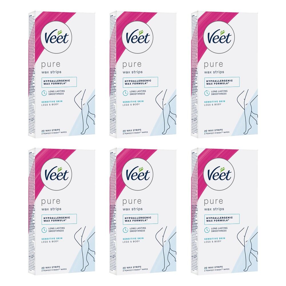Veet PURE Cold Wax Strips Legs & Body Sensitive Skin 20 Pack Bundle of 6