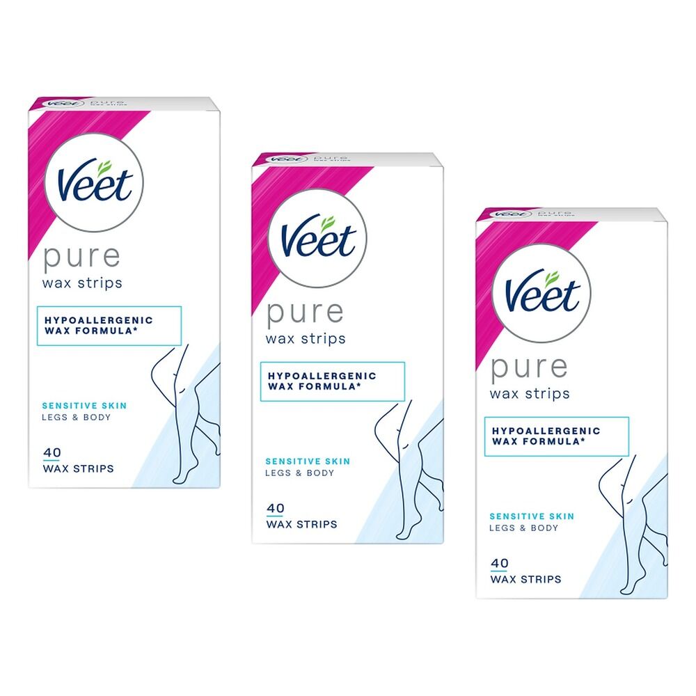 Veet PURE Cold Wax Strips Legs & Body Sensitive Skin 40 Pack Bundle of 3