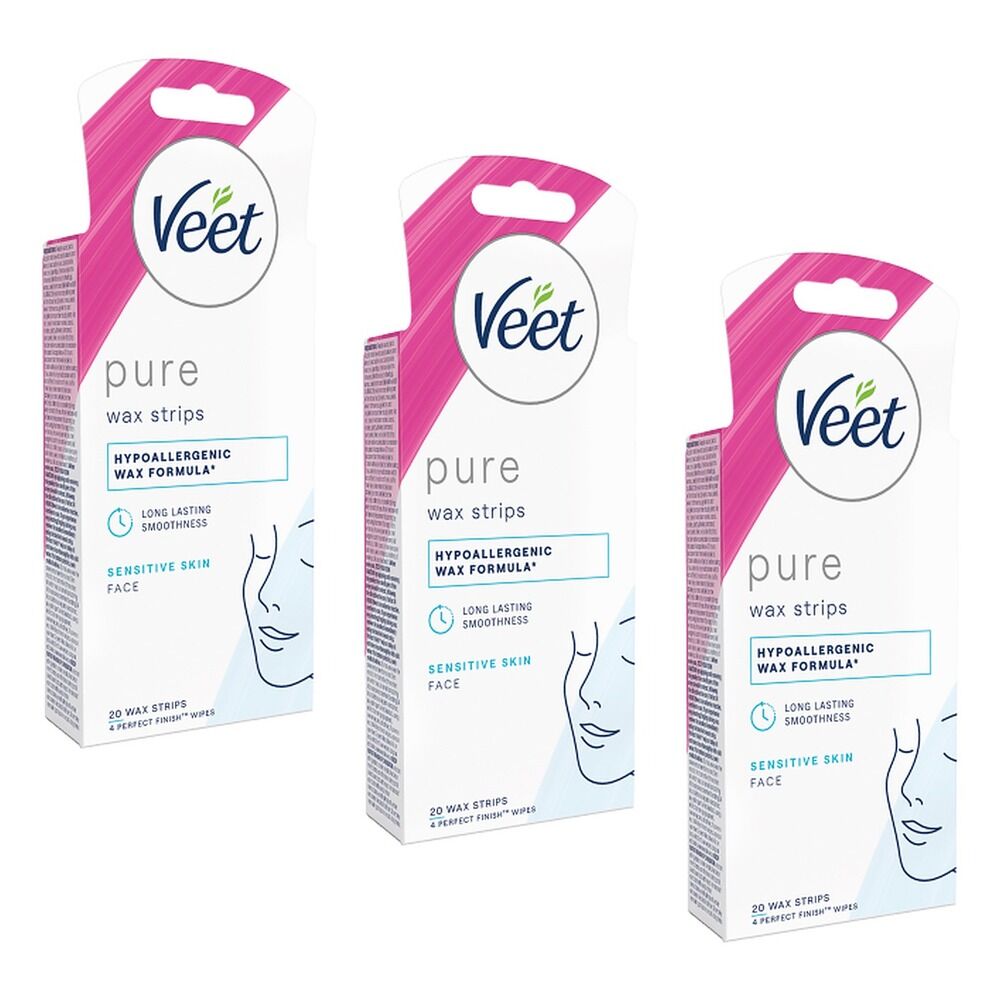 Veet PURE Cold Wax Strips Face Sensitive Skin 20 Pack Bundle of 3