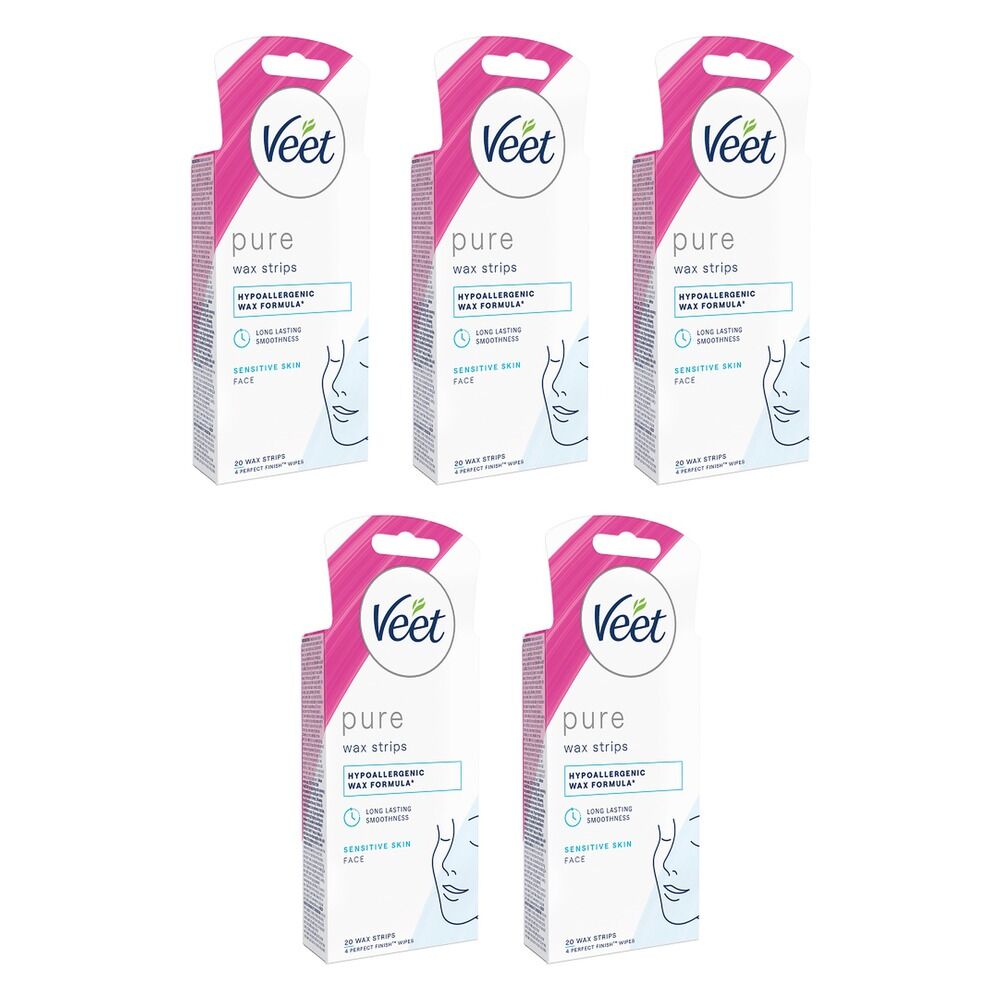 Veet PURE Cold Wax Strips Face Sensitive Skin 20 Pack Bundle of 5