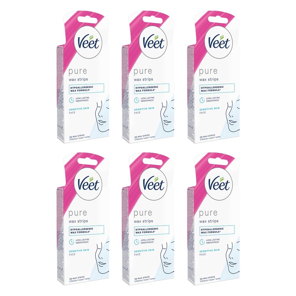 Veet PURE Cold Wax Strips Face Sensitive Skin 20 Pack Bundle of 6