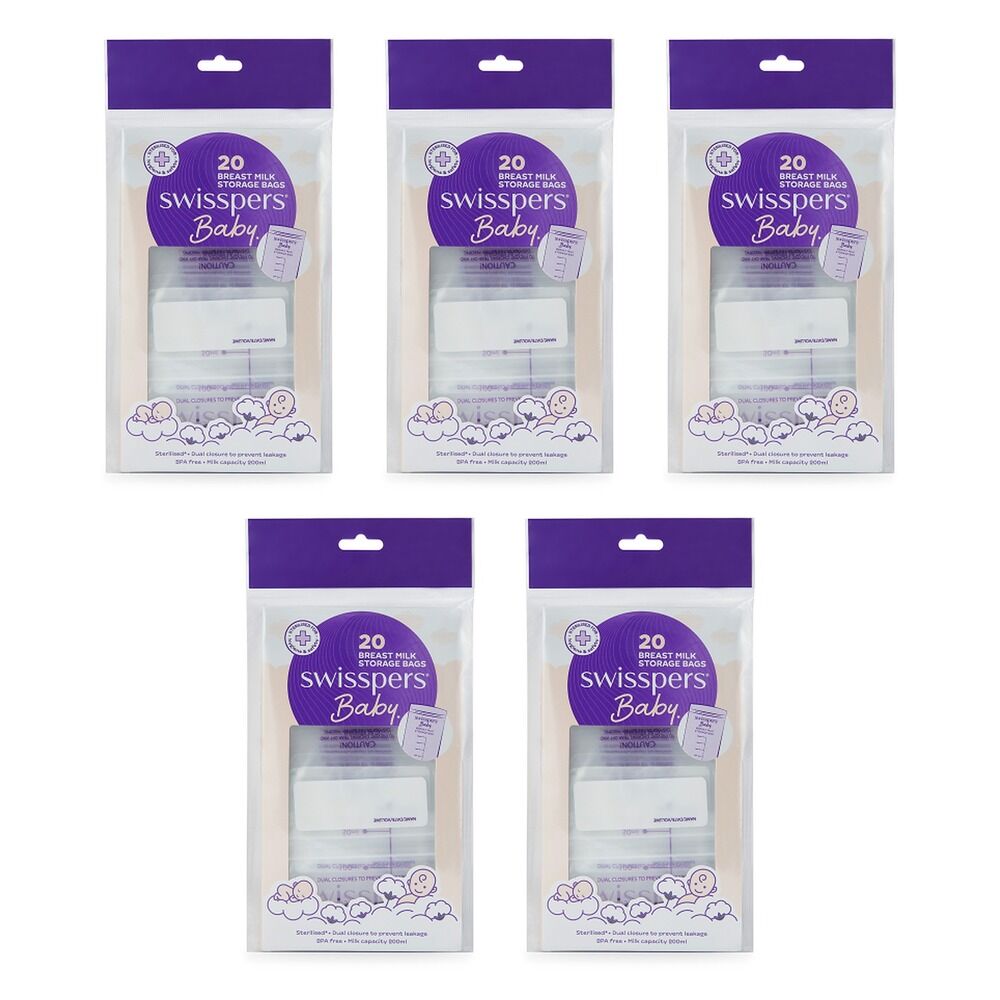 Swisspers Breast Milk Storage Bags 20 Pack Bundle of 5