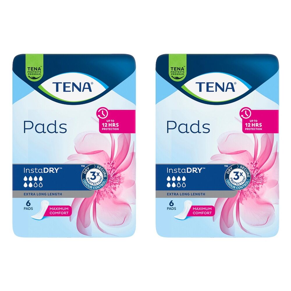 Tena InstaDry Extra Long Length Pads 6 Pack x 6 Bundle of 2