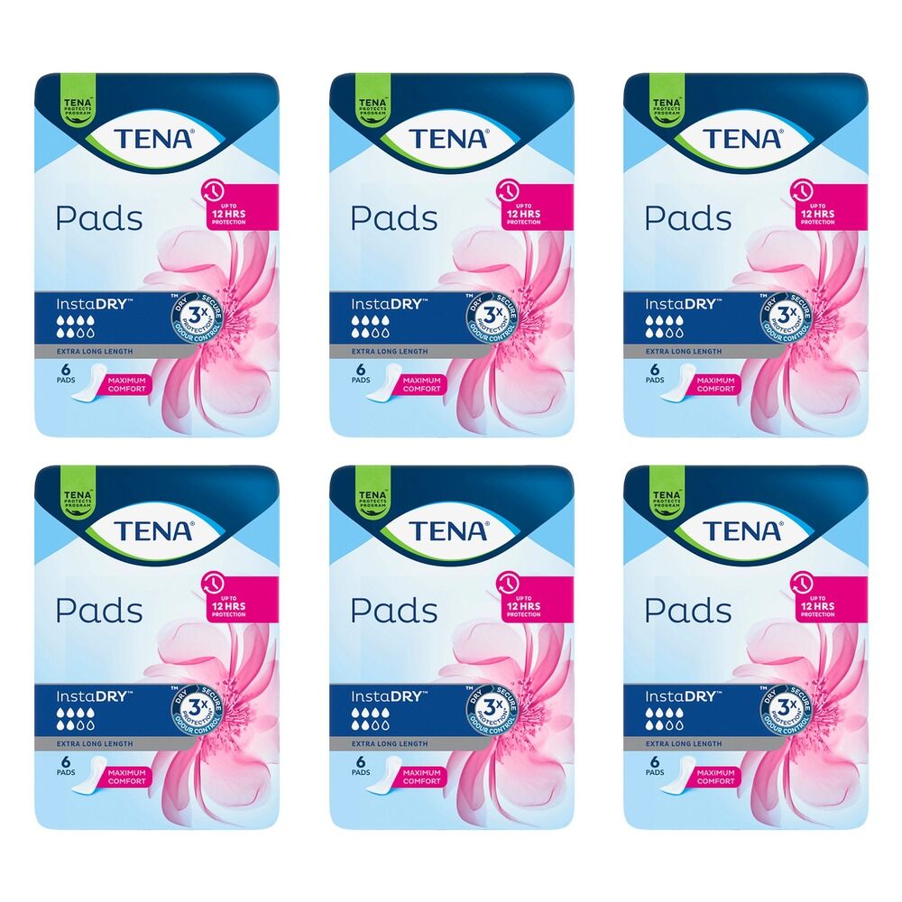Tena InstaDry Extra Long Length Pads 6 Pack x 6 Bundle of 6