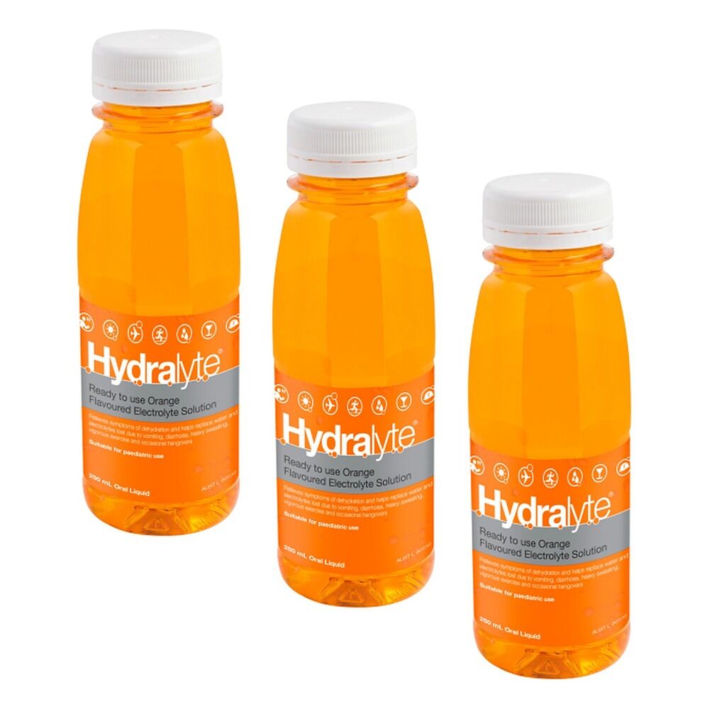 Hydralyte Electrolyte Solution Orange Flavoured 250mL Pack of 3