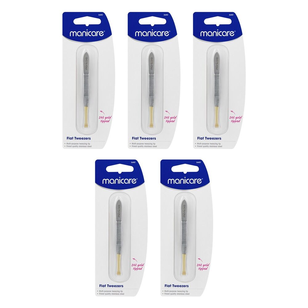 Manicare Flat Tweezers, Gold Tipped x 3 Bundle of 5