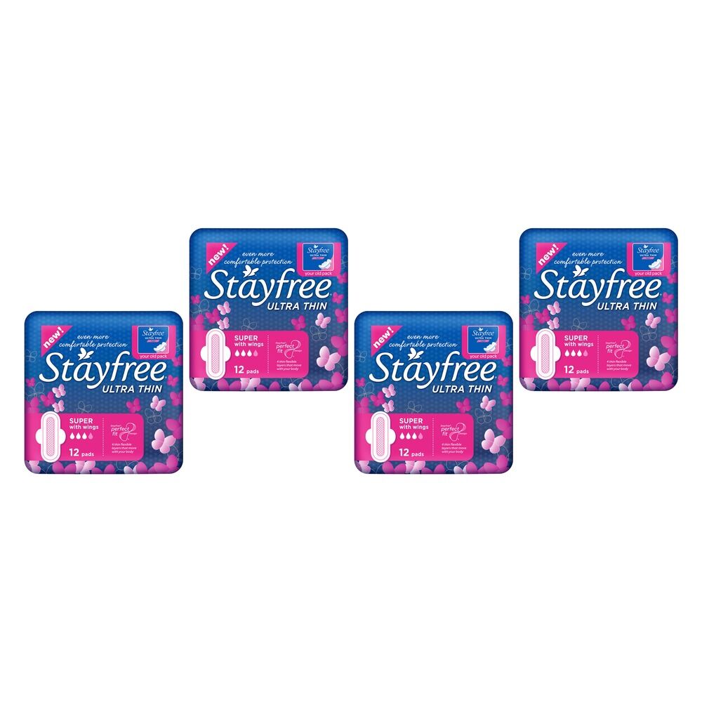 Stayfree Ultra Thin Super Pads with Wings 12 Pack Bundle of 4