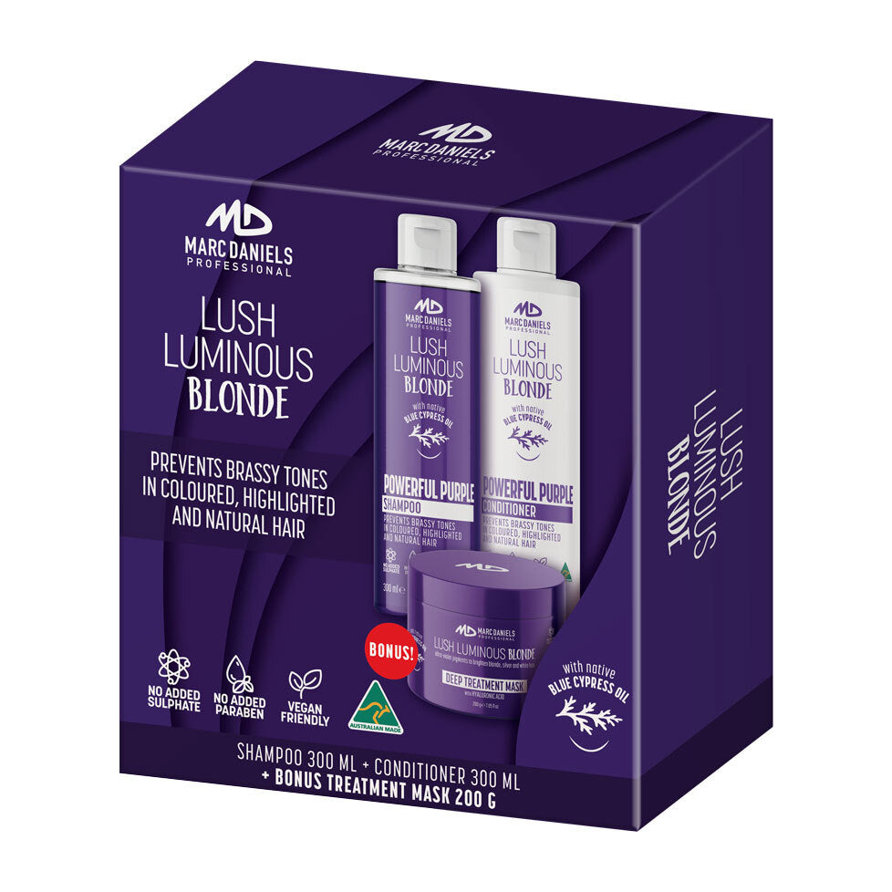 Marc Daniels Powerful Purple Blonde Set. 300ml Shampoo, 300ml Conditoner and 200gm Mask
