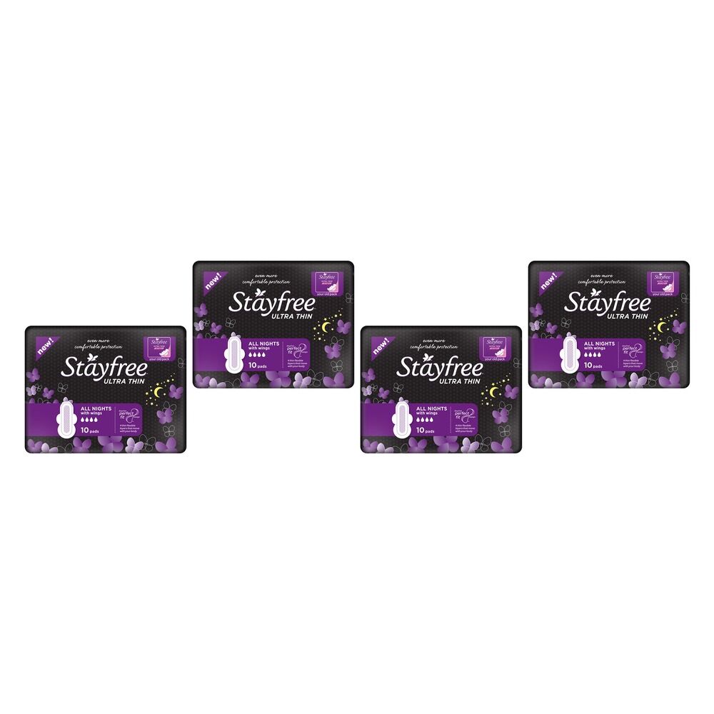 Stayfree Ultra Thin All Nights Pads with Wings 10 Pack Bundle of 4