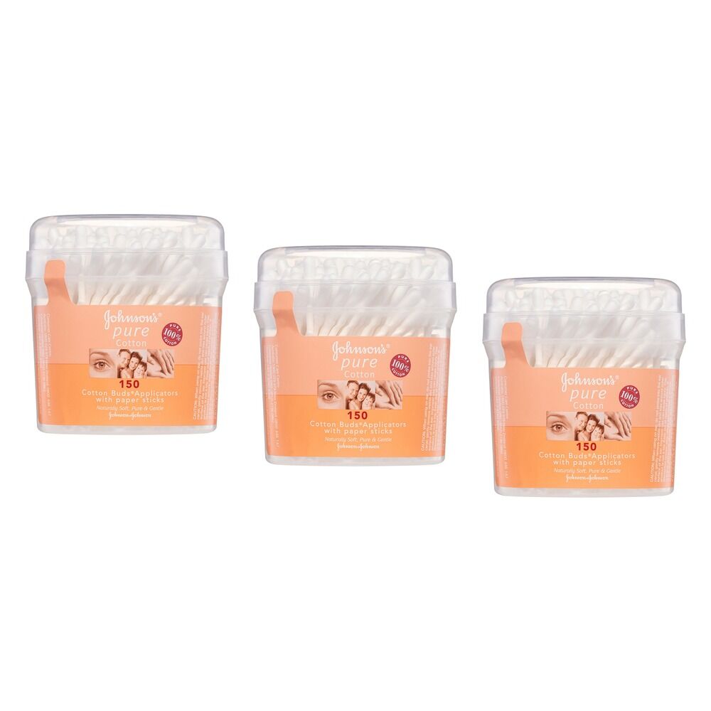 Johnson's Pure Cotton Buds Applicators with Paper Sticks 150 Pack Bundle of 3