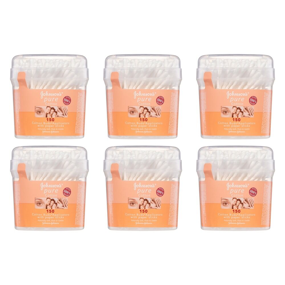 Johnson's Pure Cotton Buds Applicators with Paper Sticks 150 Pack Bundle of 6