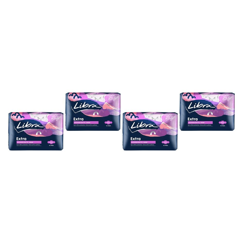 Libra Extra Goodnights Extra Long Pads with Wings 10 Pack x 6 Bundle of 4
