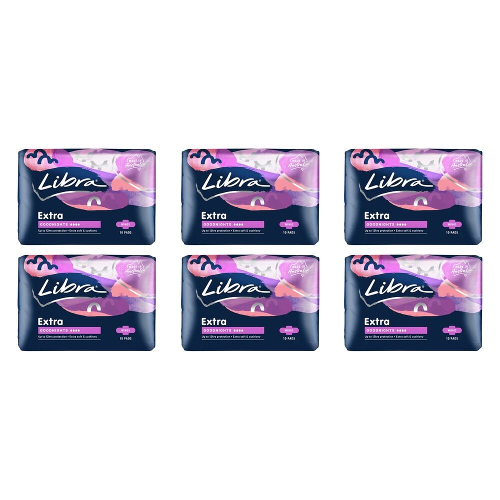 Libra Extra Goodnights Extra Long Pads with Wings 10 Pack x 6 Bundle of 6