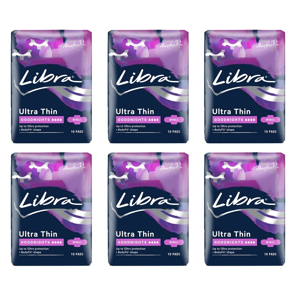 Libra Ultra Thin Goodnights Pads with Wings 10 Pack x 6 Bundle of 6