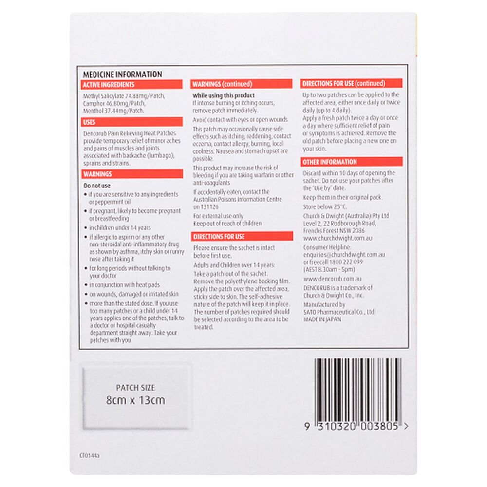 Dencorub Pain Relieving Heat Patches 6 Patches