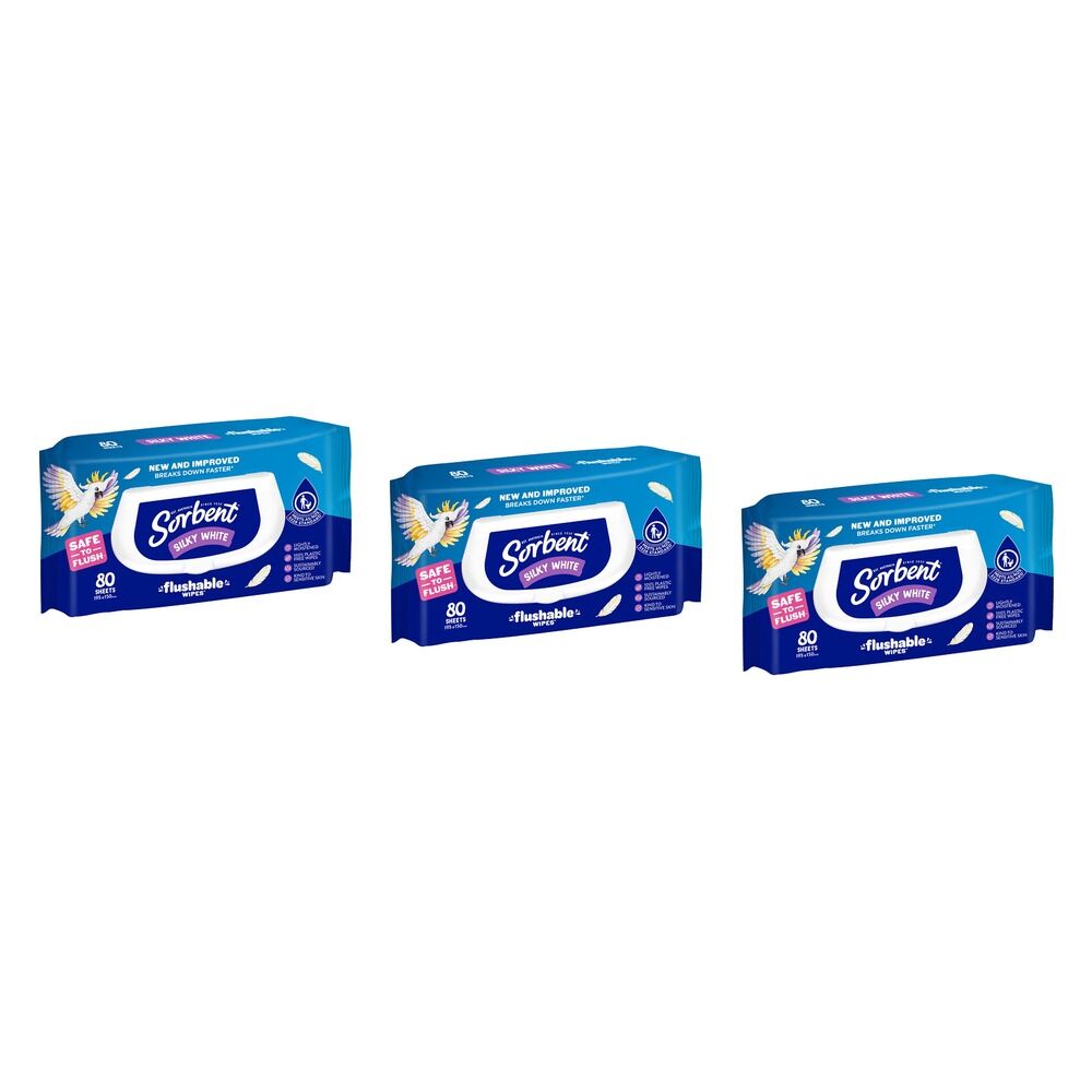 Sorbent Silky White Flushable Wipes 80 Pack x 12 Bundle of 3