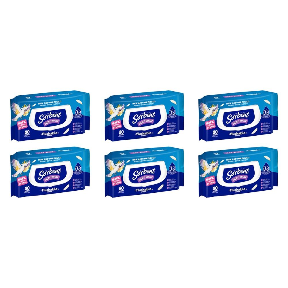 Sorbent Silky White Flushable Wipes 80 Pack x 12 Bundle of 6