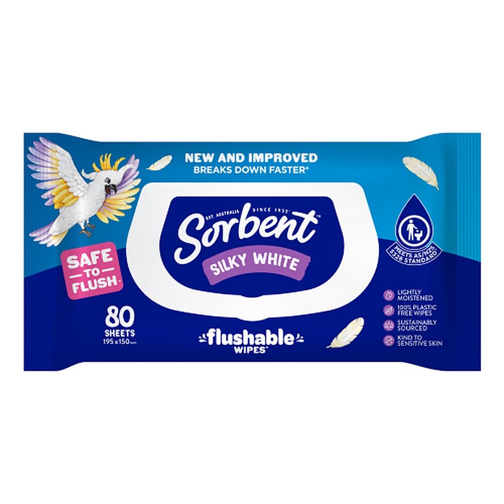 Sorbent Silky White Flushable Wipes 80 Pack x 12