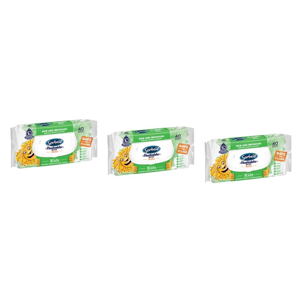 Sorbent Kids Flushable Wipes 40 Pack Bundle of 3