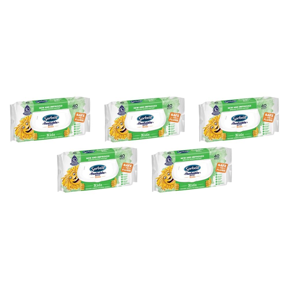Sorbent Kids Flushable Wipes 40 Pack Bundle of 5