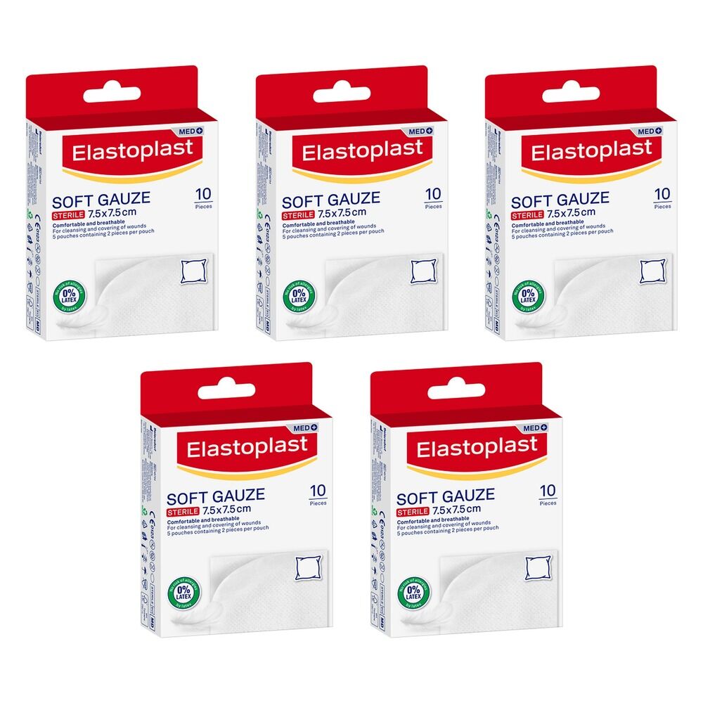 Elastoplast Soft Gauze Sterile 7.5cm x 7.5cm 10 Pack Bundle of 5