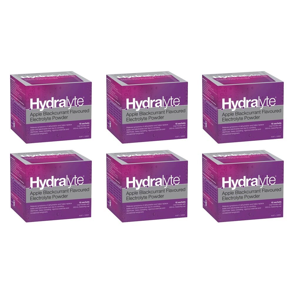 Hydralyte Apple Blackcurrant Flavoured Electrolyte Powder 10 Pack Bundle of 6