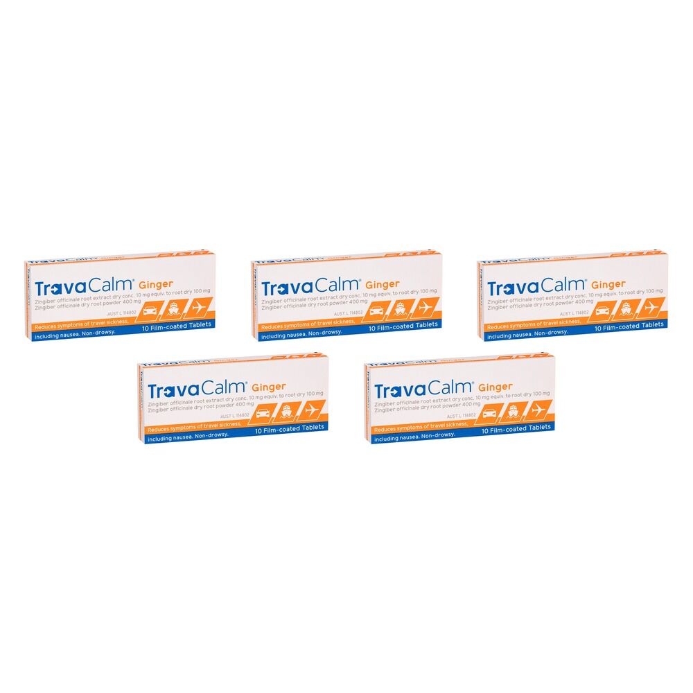 Travacalm Ginger Travel Sickness Tablets 10 Pack Bundle of 5
