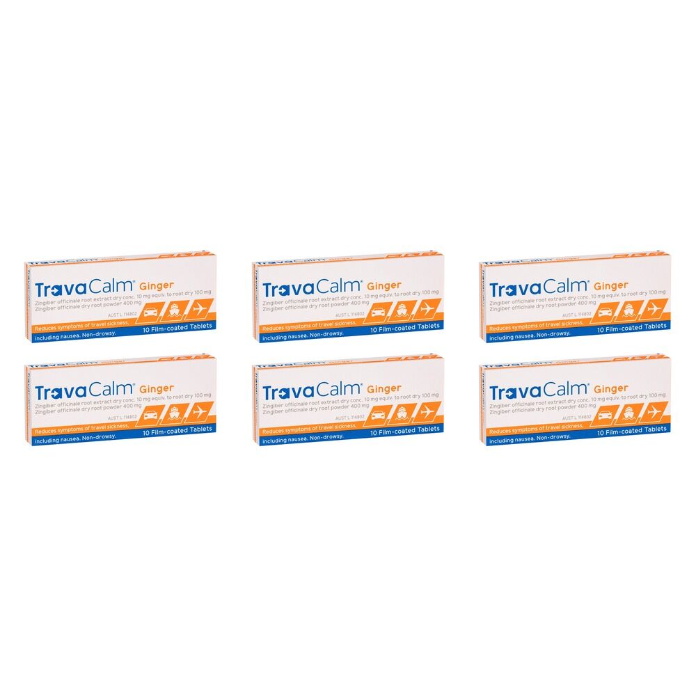 Travacalm Ginger Travel Sickness Tablets 10 Pack Bundle of 6
