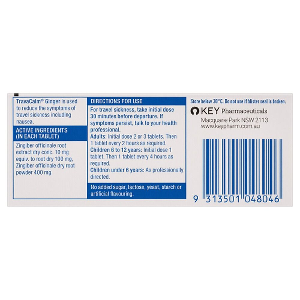 Travacalm Ginger Travel Sickness Tablets 10 Pack