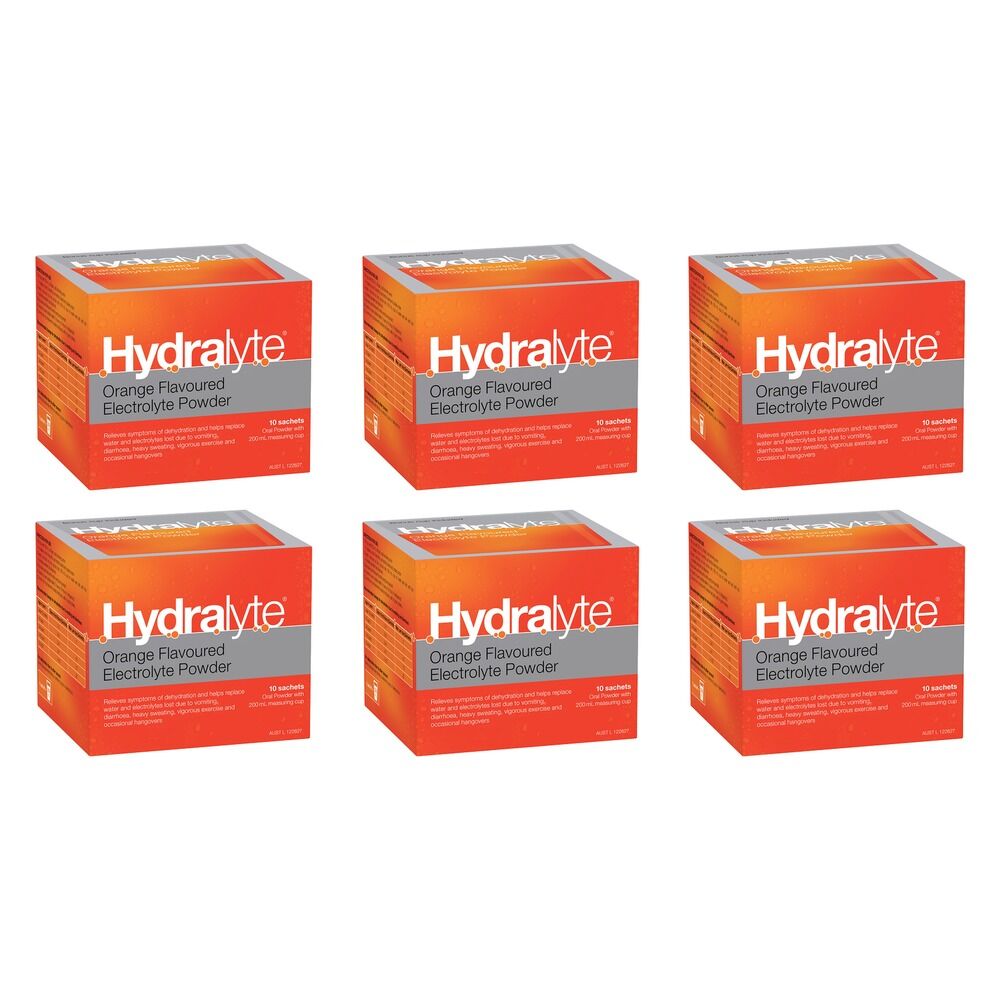 Hydralyte Orange Flavoured Electrolyte Powder 10 Pack Bundle of 6