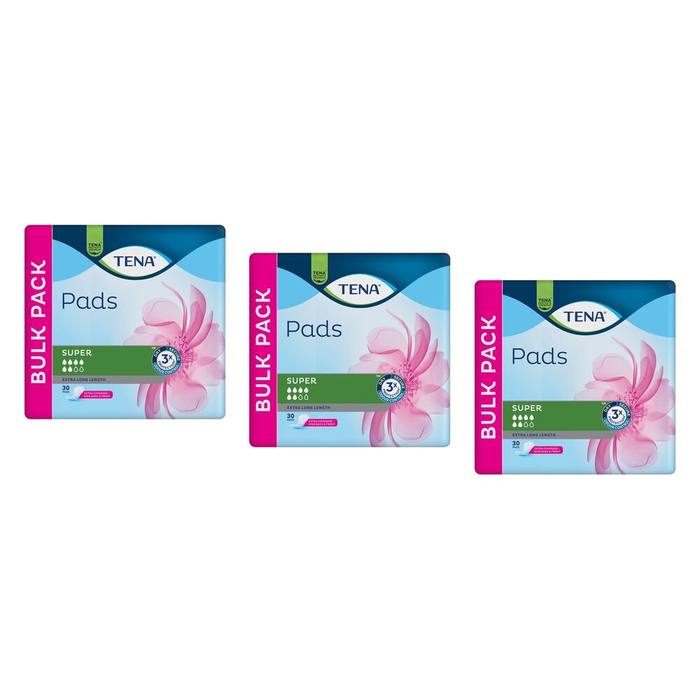 Tena Super Extra Long Length Pads 30 Pack x 6 Bundle of 3