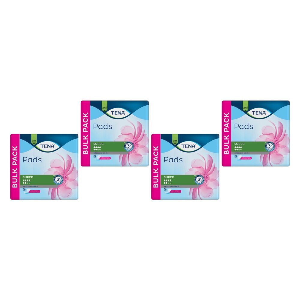 Tena Super Extra Long Length Pads 30 Pack x 6 Bundle of 4