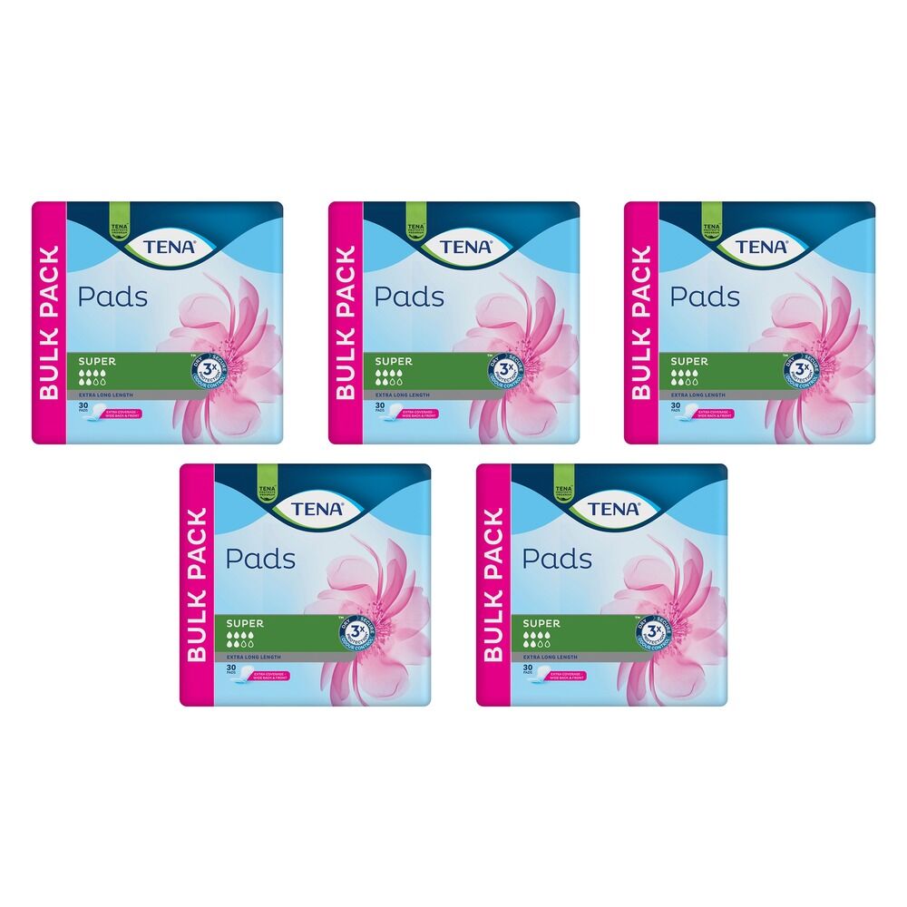 Tena Super Extra Long Length Pads 30 Pack x 6 Bundle of 5